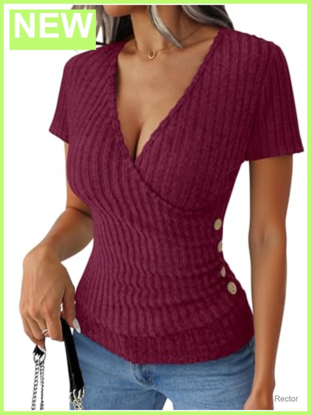 Womens Ribbed Knit V-Neck Short Sleeve Top Slim Fit Side Button Shirt